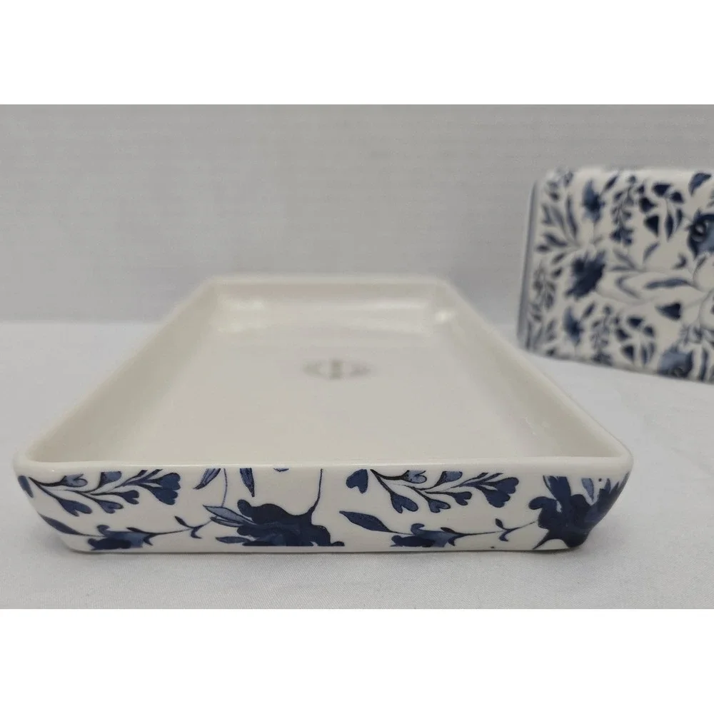 Southern Living Caroline Blue/White Floral Chinoiserie Lot/2 Vanity Tray/Holder